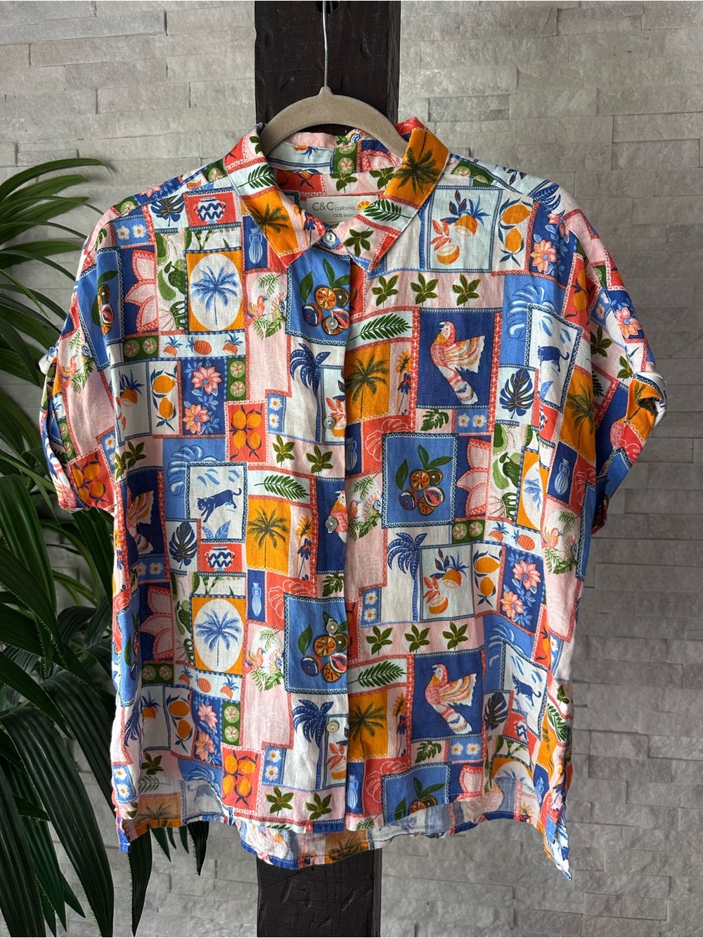C&C Tropical Vacation Marrakech Multi Patchwork Fruit Print Linen Shirt Size S - Picture 10 of 10
